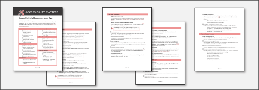 Preview of the five pages included in the Accessible Digital Documents Made Easy document.