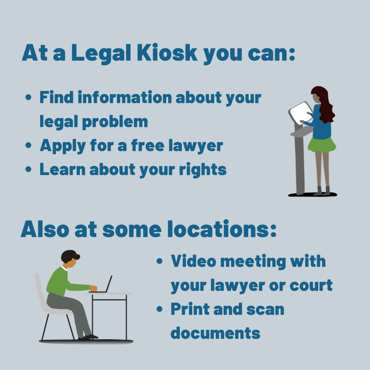 A resource available on the Legal Kiosk page featuring what you can find at certain locations utilizing illustrated people.