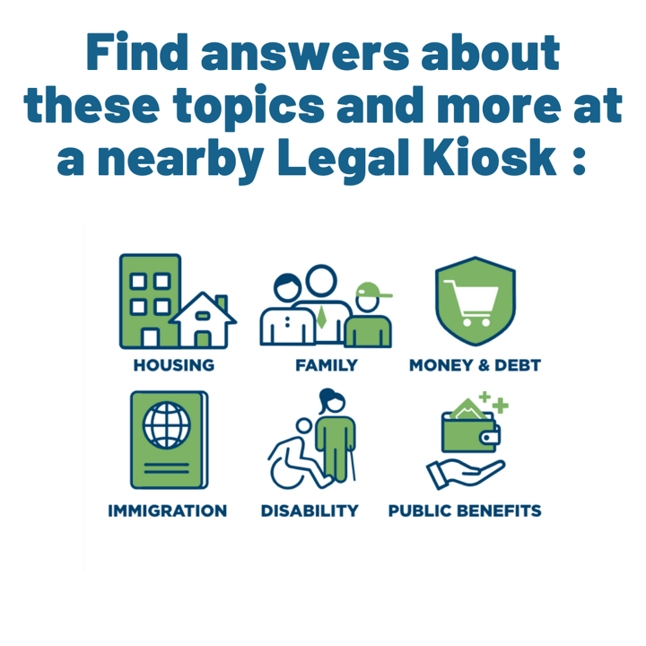 A resource available on the Legal Kiosk page featuring topics they cover utilizing branded icons.