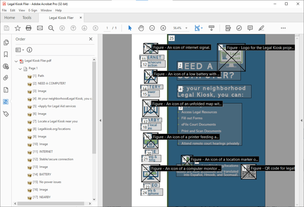 A Screenshot of the Legal Kiosk Flier in PDF open to the Reading Order tab with page content groups highlighted in order.