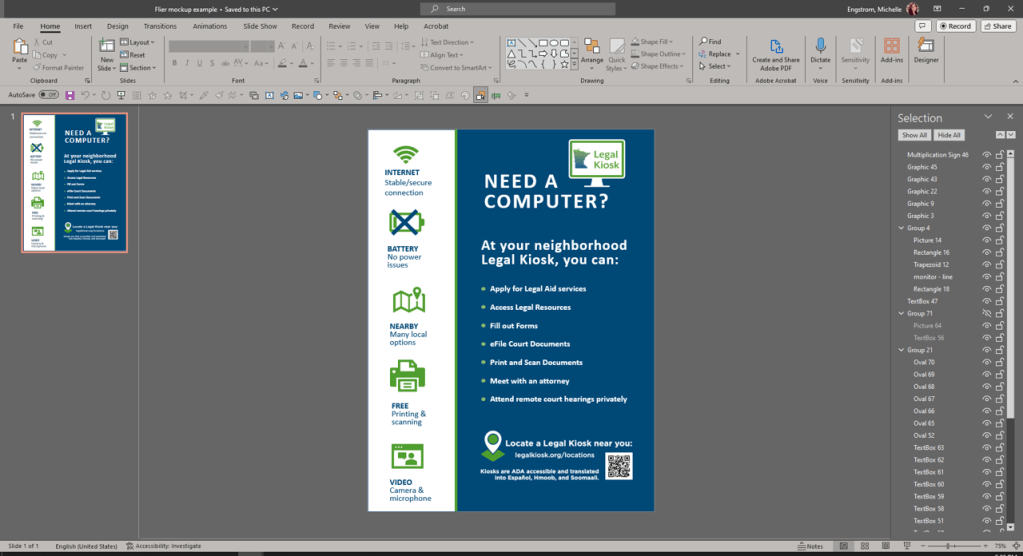 A screenshot of the mockup Michelle created in PowerPoint with the Selection Pane open.