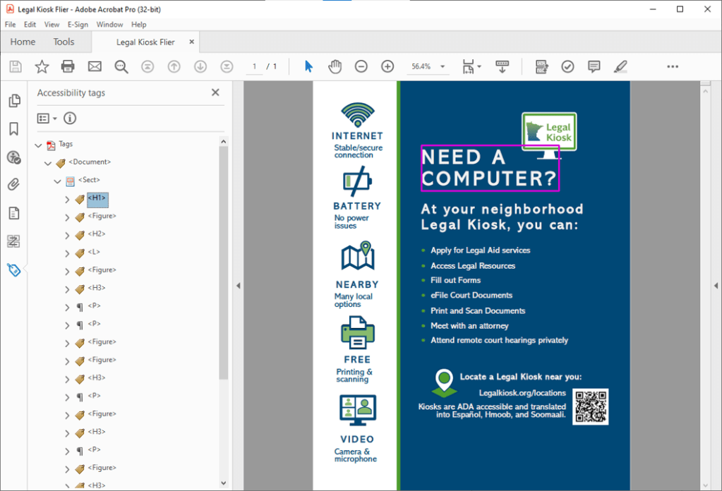 A Screenshot of the Legal Kiosk Flier in PDF open to the Tags tab with the top "H1" tag highlighted.